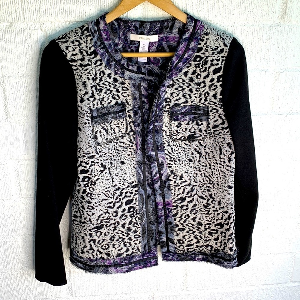 Chico's Leopard Black & White & Purple Open Front Long Sleeve Blazer